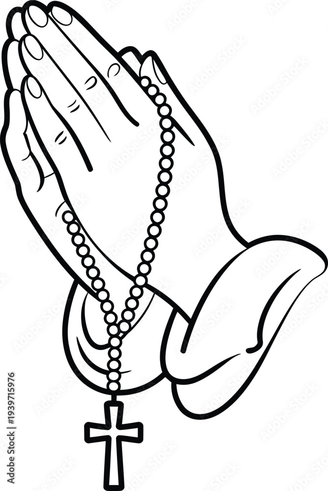 Fototapeta premium Praying hands with rosary beads and cross line art illustration