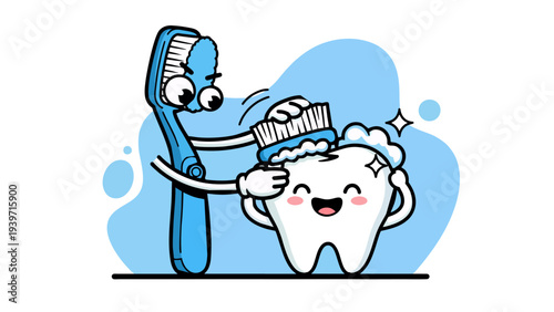 Cute Toothbrush Character Cleaning Happy Tooth, Dental Care and Oral Hygiene Education Concept, Sparkling Healthy Teeth, Flat Vector Isolated on White Background