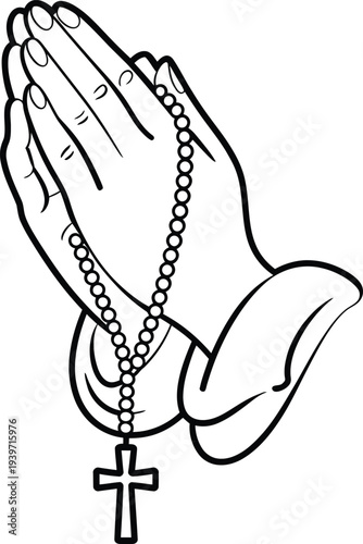 Praying hands with rosary beads and cross line art illustration