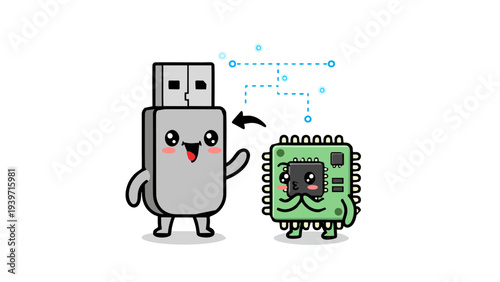 USB Flash Drive and Microchip Cartoon Character Vector, Data Transfer Technology Learning Concept, Flat Design Electronic Hardware Isolated on White Background