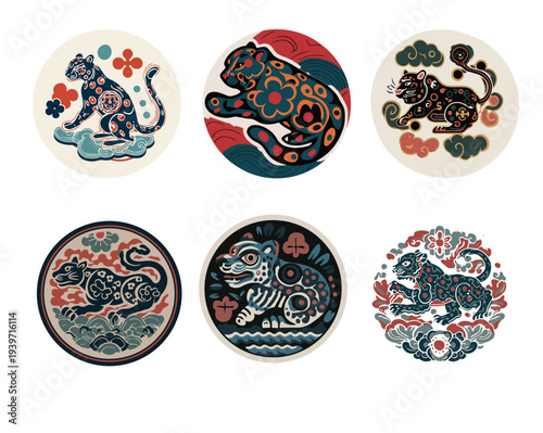 Vector set of 6 modern Korean folk art leopard circular emblems (Retro oriental panther badge)
(레트로 오리엔탈 표범 뱃지 - 6종의 모던 한국 민화 표범 원형 엠블럼 벡터 세트)