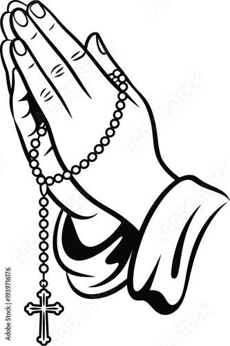 Praying hands with rosary beads and cross line art illustration