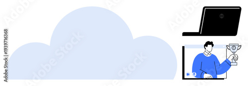 Cloud graphic with laptop and video call showcasing a professional holding a trophy, highlighting virtual success. Ideal for technology, online collaboration, cloud storage, remote work
