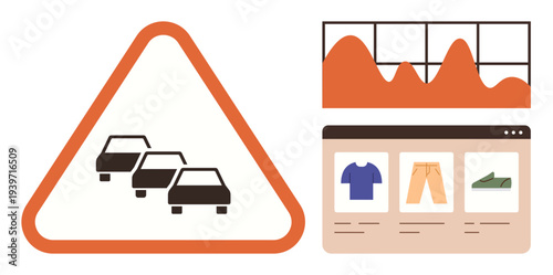 Road safety, traffic congestion, online shopping, e-commerce analysis, data trends, business growth. Graphic showing traffic sign, shopping website interface and graph. Traffic and online shopping