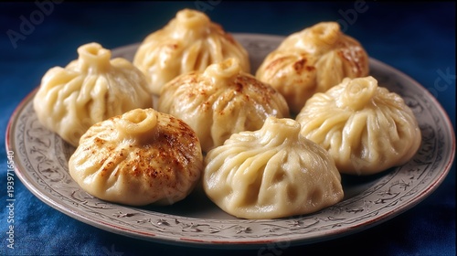Mongolian Dumplings Filled With Mutton and Onion Served on a Decorative Plate