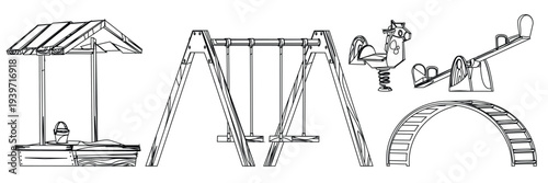 Children Playground Equipment Line Art Set – Park Play Area Vector Illustration