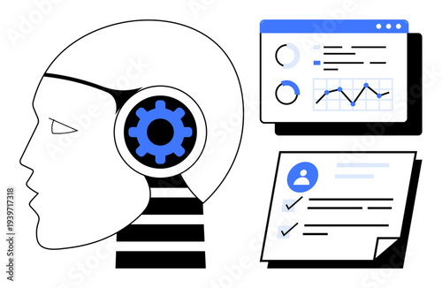 Robot head with gear symbol analyzing data charts, graphs, and checklists. Ideal for AI, automation, machine learning, productivity, decision-making innovation and technology. Simple flat metaphor