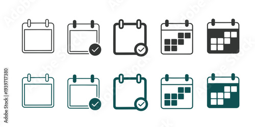 A collection of nine different calendar icons in black and green colors on a white background with various checkmarks and markings