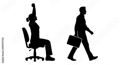 Black silhouette vector illustration of a woman stretching in an office chair and a man walking with a briefcase, representing business success and daily work life.