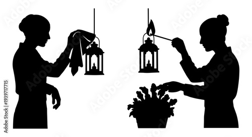 Black Silhouette Vector Illustration of a Woman Cleaning a Hanging Lantern and Another Woman Lighting a Lantern Above a Potted Plant