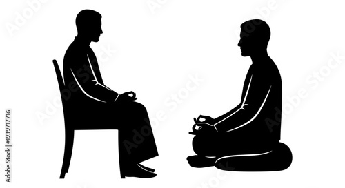 Black silhouette vector illustration of two men meditating, one seated on a chair and the other cross-legged on a cushion, representing mindfulness, therapy, and spiritual well-being.