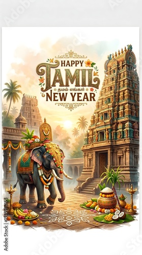 Vertical 9:16 Tamil New Year greeting poster with decorated elephant and South Indian temple gopuram. Traditional festival illustration ideal for social media story or mobile banner.