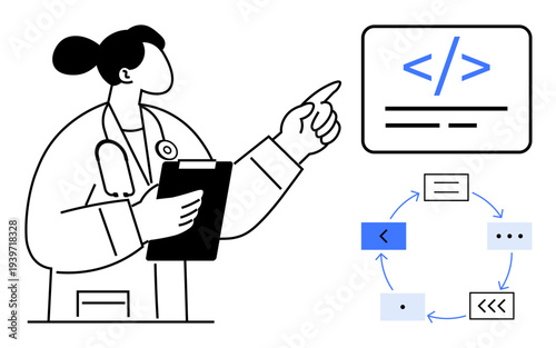 Healthcare technology, programming, digital transformation, software development, coding education, innovation. Medical figure pointing at a code symbol with a workflow diagram. Healthcare technology
