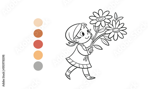 Little Girl Holding Flowers: A line art illustration shows a young girl happily carrying a large bouquet of cheerful flowers, her innocent smile radiating joy.