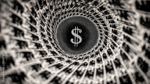 virtuosity. A distorted spiral pattern featuring a currency symbol at its center in monochromatic graphic design style. pitch deck slides.
