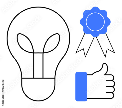 Innovation concept. Innovation ed by a light bulb with ribbon badge and thumbs-up. Innovation promotes creativity, achieving quality standards, and delivering excellence. For motivation, creativity