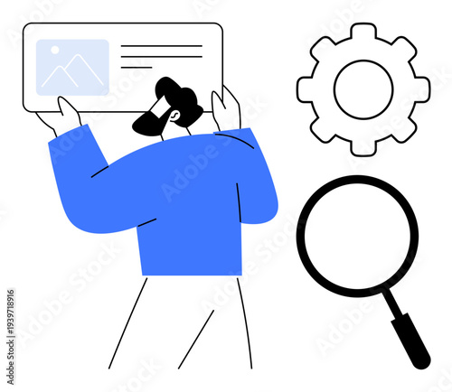 Business analysis concept. Business tools thumbs up search and process settings highlighted. Business analysis involves research and problem-solving for efficiency. For marketing, productivity