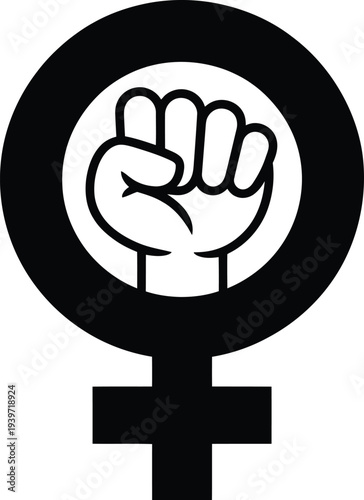 Black and white feminist symbol with a raised fist