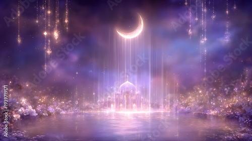 Magical glowing temple under crescent moon