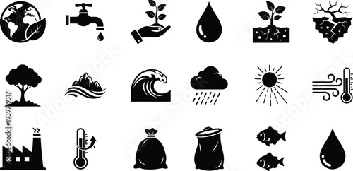 Environmental icons featuring silhouette images of earth water plants and industrial objects