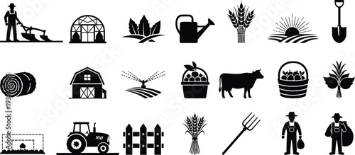 Agricultural silhouette icons featuring farm tools animals and buildings in black on white background silhouette