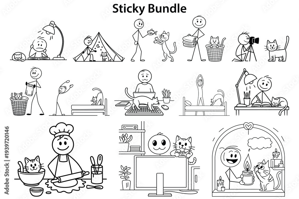 Fototapeta premium Stick figures bundle enjoying life with cats funny lifestyle illustrations bundle of stickman character activities cat lover themes playful cartoon art