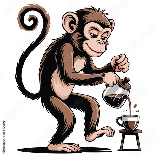 Funny chimpanzee pouring coffee into a cup while standing on a stool, cartoon vector illustration, playful monkey morning routine