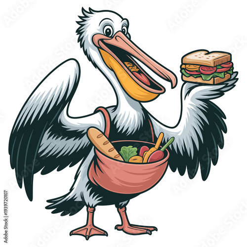 Happy pelican holding a sandwich and a bag of groceries, delivering food, cartoon vector illustration, cheerful bird