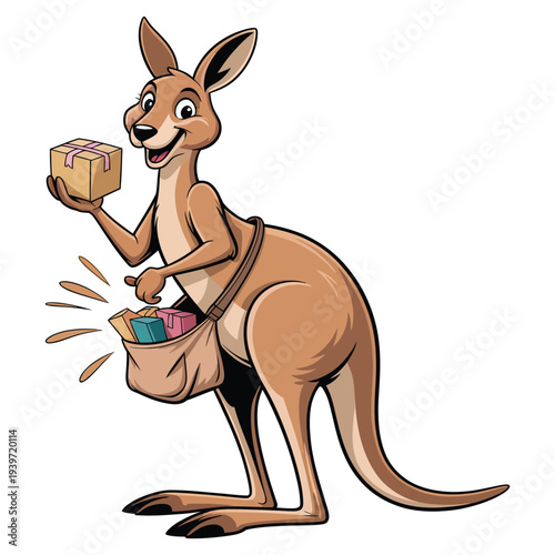 Kangaroo courier delivering gifts, happy animal character with pouch full of presents, express delivery concept, cute cartoon illustration
