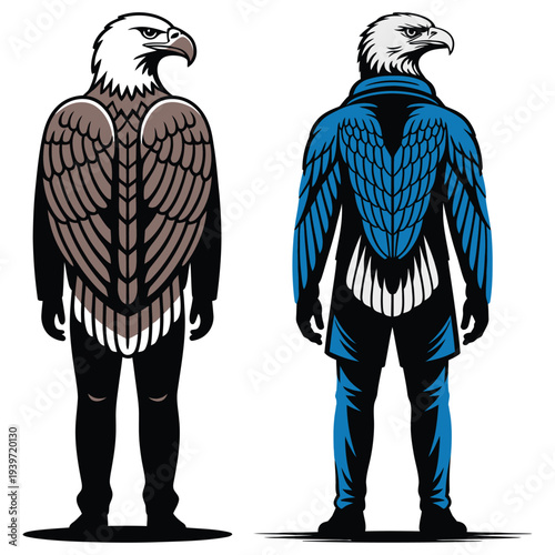 Majestic bald eagle man and warrior eagle character in stylized graphic design, strong symbol of freedom and power, concept art
