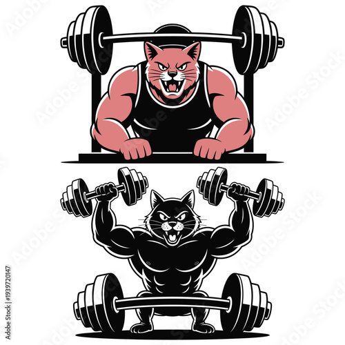 Strong anthropomorphic cat with muscles lifting heavy weights and dumbbells in gym, fitness and bodybuilding concept