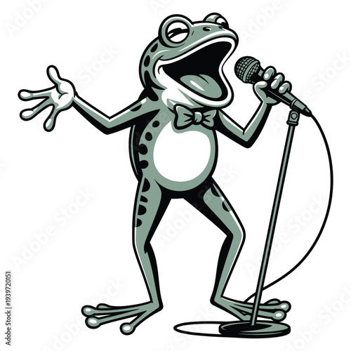Singing frog character with open mouth holding microphone on stage expressive amphibian in bowtie performing with passion lively cartoon