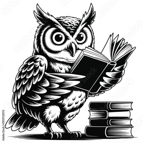 Wise cartoon owl reading book, intelligent bird character with stack of books, education concept, fantasy illustration, black and white art