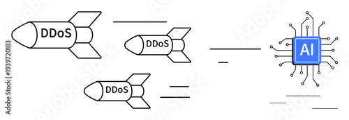 Cybersecurity, artificial intelligence, DDoS attacks, threat detection, technology defense, online protection. Rockets labeled DDoS targeting an AI chip. Cybersecurity and artificial intelligence