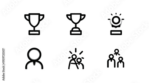 Success, Achievement, and Teamwork Outline Icons Set: Trophies, Awards, People, and Recognition Symbols