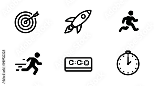 Business goal and time management outline icons set. Target, rocket launch, running, fast speed, digital and analog timers.