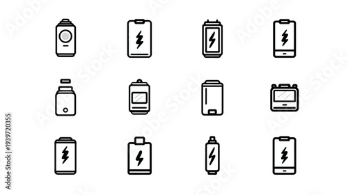 Set of diverse battery icons with lightning bolts, representing power, energy, charging, and technology in a modern line art style.