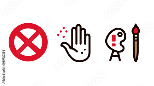 Flat design icons: Prohibition sign, allergic reaction hand, creative block warning palette, and artist's paintbrush.