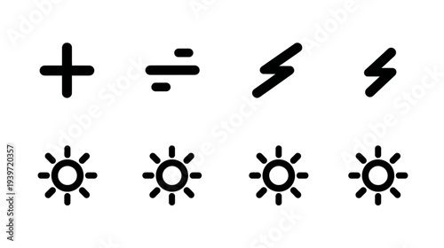 Basic Black Line Icons: Plus, Division, Lightning Bolt, and Sun Symbols. UI/UX design elements for web and app interfaces.