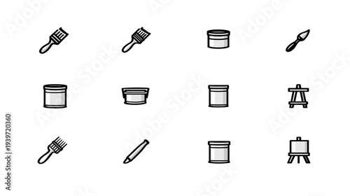 Artistic painting tools vector icons set. Includes paintbrushes, pots, palette knife, and easel for creative art and design projects.