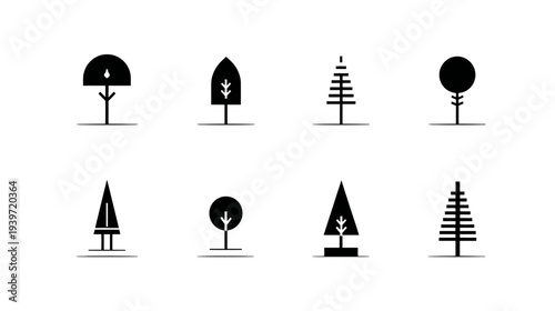 Collection of minimalist black tree icons. Simple graphic elements for nature, forest, ecology, and environmental design projects.