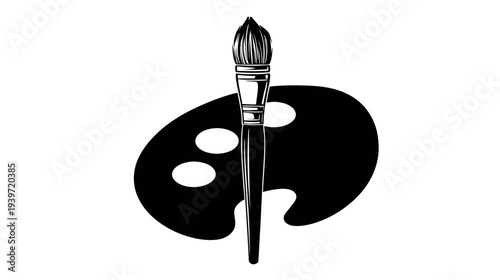 Black and white illustration of an artist's paintbrush and paint palette, symbolizing creativity, art, painting, and design.
