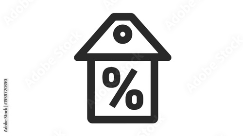 Real estate growth icon: house with percentage symbol and upward arrow, symbolizing rising property values, market increase, or mortgage rates.