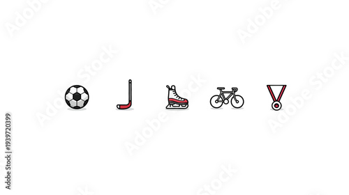 Minimalist sports equipment icons set: soccer ball, ice hockey stick, ice skate, bicycle, and winner's medal.