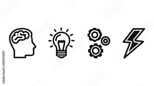 Creative Process & Innovation Icons: Brain, Idea Lightbulb, Gears, Lightning Bolt. Concepts of Thinking, Solutions, and Energy.