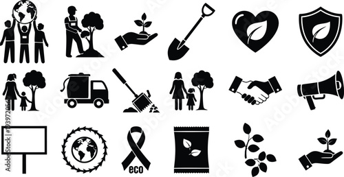 Black silhouette icons set including people heart shield and tree silhouette