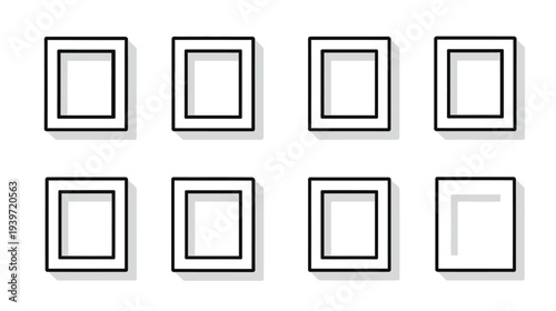 Set of eight identical minimalist black outline square frames with subtle shadows, simple geometric design elements and icons