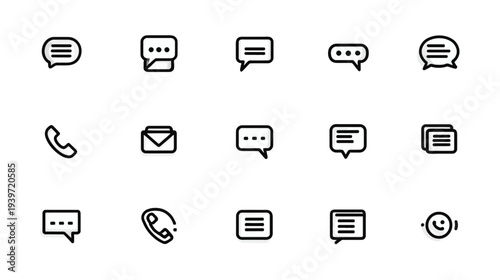 Modern Communication Icons Set - Minimalist Outline Chat, Phone Call, and Message Symbols for Web UI/UX Design and Apps