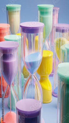 adhd. Colorful overlapping hourglasses with upward-flowing sand, depicting the unique perception of time in ADHD. wellbeing guides.
