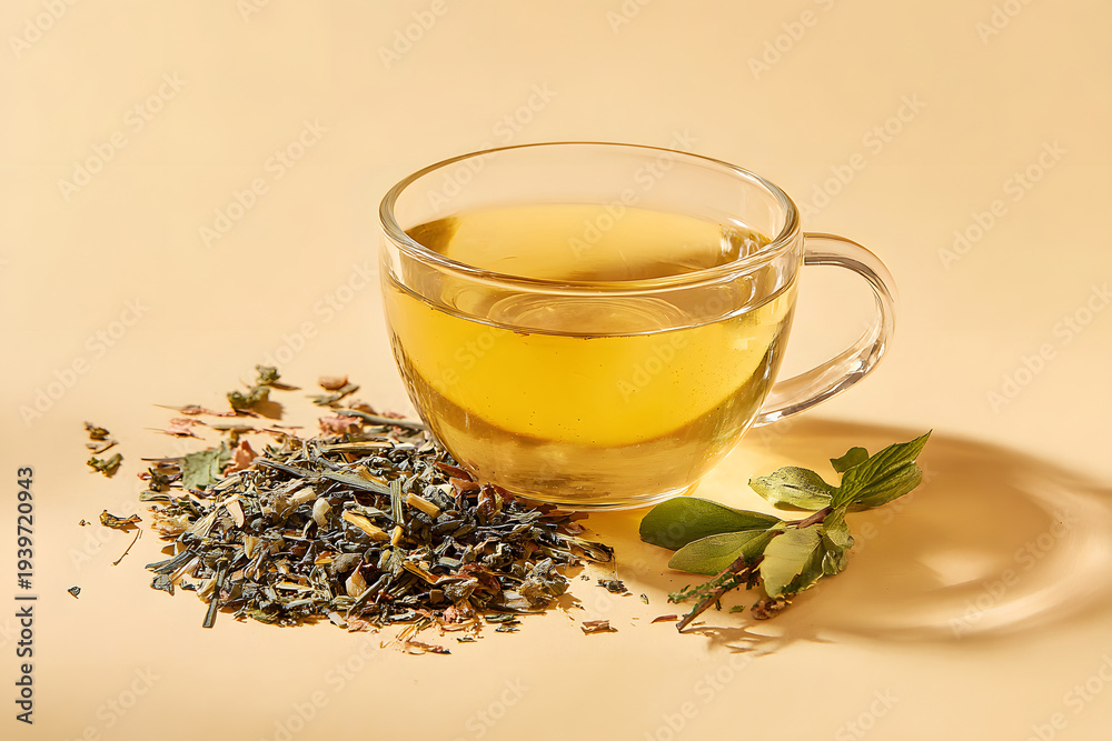 Fototapeta premium Herbal tea in a clear cup next to dried leaves on a light background